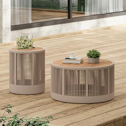 Christopher Knight Home Peyz Acacia Wood Outdoor Side Table Set of 2 with Woven Rope Design, Patio Round Coffee Table Set with Small Side Desk, Functionality Stylish 2 Tables for Garden, Teak + Beige