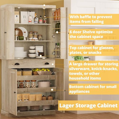 IRONCK Kitchen Pantry Cabinet 72" Height, Freestanding Cupboard with Drawer, Sliding Storage Rack, and 6 Hanging Shelves for Dining Room, Laundry, Rustic Maple - color: Rustic Maple