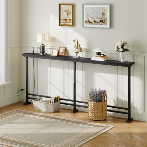 YATINEY 78.7" Console Table with Adjustable Height (27.6"-35.4") and Power Outlet, Skinny Behind Couch Table, Narrow Long Sofa Table for Living Room, Hallway, Entryway, Black CT09UBB - color: Black, size: 78.7"L x 5.9"W x 27.6-35.4"H