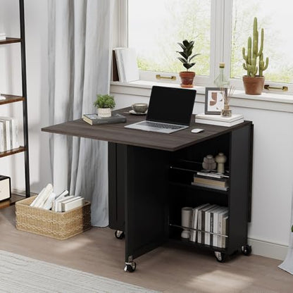 Folding Dining Table with 6 Wheels, Drop Leaf Tables for Small Spaces, Foldable Dining Table with 2-Layer Storage Rack, Kitchen Table with Drawer (Brown Wood and Black) - color: Dark Brown