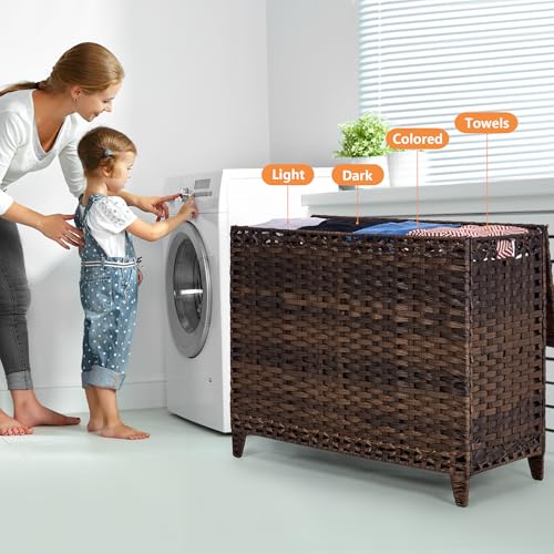Laundry Hamper with 4 Removable Liner Bags; 176L Handwoven Rattan Laundry Basket with Lid & Heightened Feet; Clothes Hamper with Side Handles - color: Brown, size: 176L-4 Section