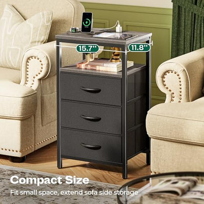 Huuger Night Stand with Charger Station and LED Lights, 3 Drawer Nightstand, Bed Side Table with Open Shelf, End Table, Tall Fabric Dresser for Bedroom, Grey - color: Grey, size: 11.8"D x 15.7"W x 27.6"H（3 Drawers）