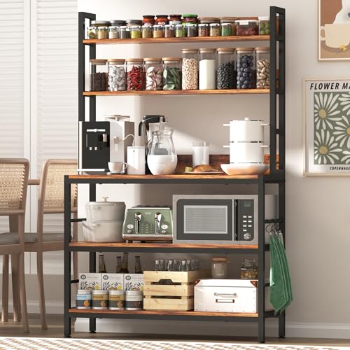 Kitchen Bakers Rack with Storage Shelves,5-Tier Free Standing Storage Shelf Rack with Hooks,Industrial Microwave Stand Shelf for Dining Room - size: without power outlet