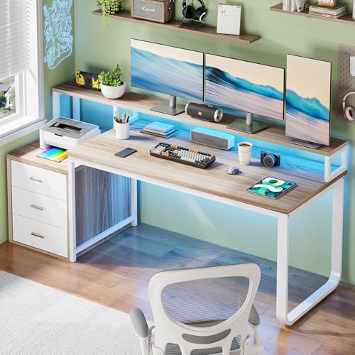 HOMBCK 67" Computer Desk with 3 Drawers, Home Office Desk with Long Monitor Stand and Printer Space, Office Desk with Storage & LED Lights, Writing Desk with Drawers, Walnut and White - color: Walnut and White