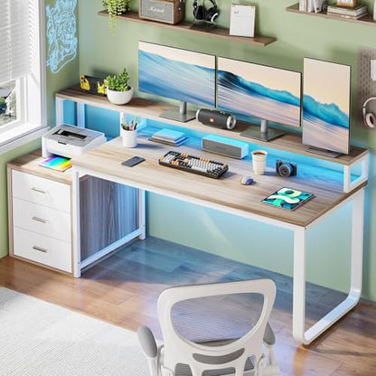 HOMBCK 67" Computer Desk with 3 Drawers, Home Office Desk with Long Monitor Stand and Printer Space, Office Desk with Storage & LED Lights, Writing Desk with Drawers, Walnut and White - color: Walnut and White