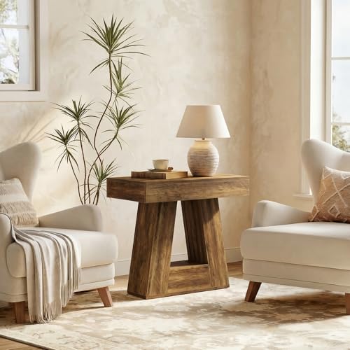 Tribesigns 24" Side Table, Narrow End Table with 2-Tier Storage Shelf, Farmhouse Wooden Nightstand Accent Table with Trapezoid Base for Living Room, Bedroom, Small Spaces, Brown - color: Brown