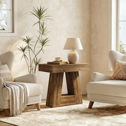 Tribesigns 24" Side Table, Narrow End Table with 2-Tier Storage Shelf, Farmhouse Wooden Nightstand Accent Table with Trapezoid Base for Living Room, Bedroom, Small Spaces, Brown - color: Brown