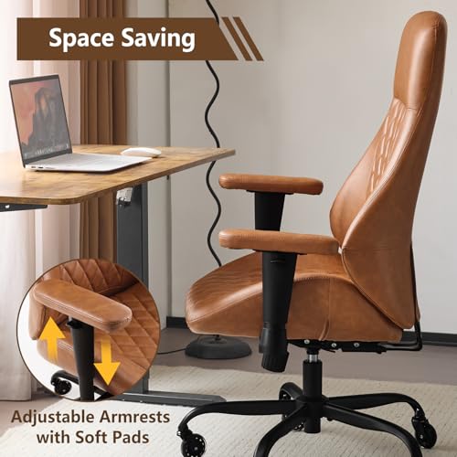 YFO Home Office Desk Chair High Back Office Rubber Casters Ergonomic Computer Chair with Lumbar Support Adjustable Height Rolling Swivel Chair Executive Task Armrests， Brown Leather - color: Brown, size: High Back