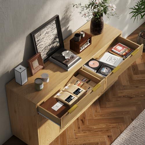 Fluted Buffet Cabinet with Storage, 55” Sideboard Cabinet with 2 Drawers | Modern Buffet Table with Arched Design Doors & Adjustable Shelves, Wooden Coffee Bar Accent Cabinet for Kitchen, Dining Room