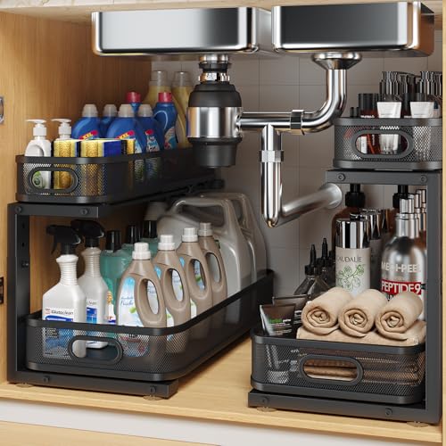 2 Pack 19.3IN-Depth Under Sink Organizer with Smooth Cylindrical Rail,2-Tier Pull Out Multi-Purpose Cabinet Storage for Bathroom&Kitchen,Height Adjustable,Rust-Resistant Coating-Black - color: Black, size: 2 Pack-19.3"Dx11"-16.14"H