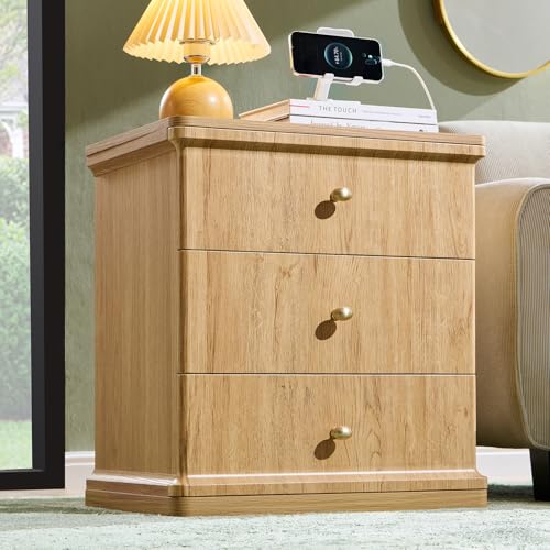 23.6" Tall Modern Nightstand with Charging Station, Wood Bedside Table with 3 Storage Drawers, Large Mid Century Night Stand for Bedroom, Curved Waterfall Edge, Metal Handle, Natural Oak - color: Natural Oak, size: 3 Drawers