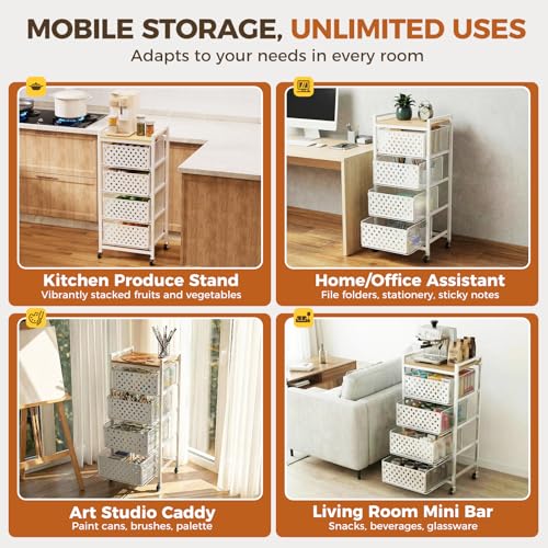 5 Tier Kitchen Storage Cart with Wheels, Utility Fruit Vegetable Storage Rack Stand with Pull-Out Baskets & Wood Top, Metal 4-Drawers Rolling Snack Cart, Kitchen Cart for Potato Onion(White) - color: White