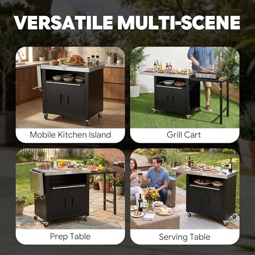 Feasto Outdoor Kitchen Island with Cabinet, 74” x 24” Rolling Grill Table | Grill Table with Stainless Steel Top for Pizza Oven& Griddles, Movable Bar Cart with Pull-Out Plate for Parties & Gathering - size: Large
