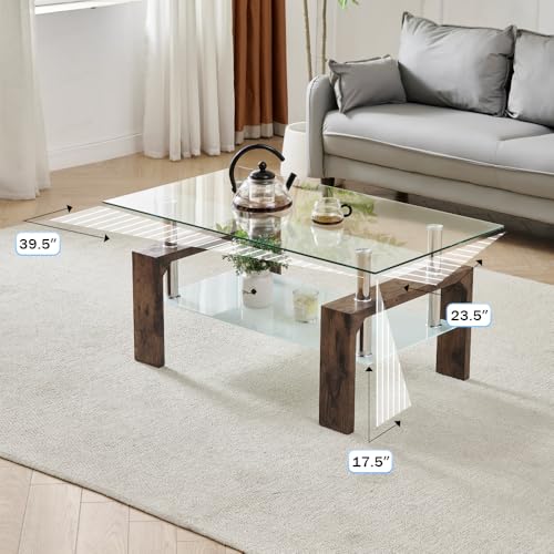 Living Room Rectangle Coffee Table, Tea Table Suitable for Waiting Room, Modern Side Coffee Table with Wooden Leg, Glass Tabletop with Lower Shelf.(brown) - color: Brown