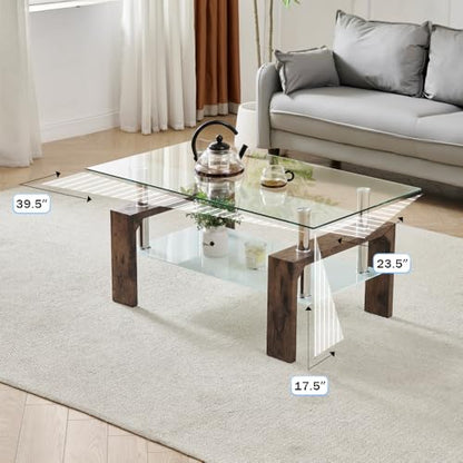 Living Room Rectangle Coffee Table, Tea Table Suitable for Waiting Room, Modern Side Coffee Table with Wooden Leg, Glass Tabletop with Lower Shelf.(brown) - color: Brown