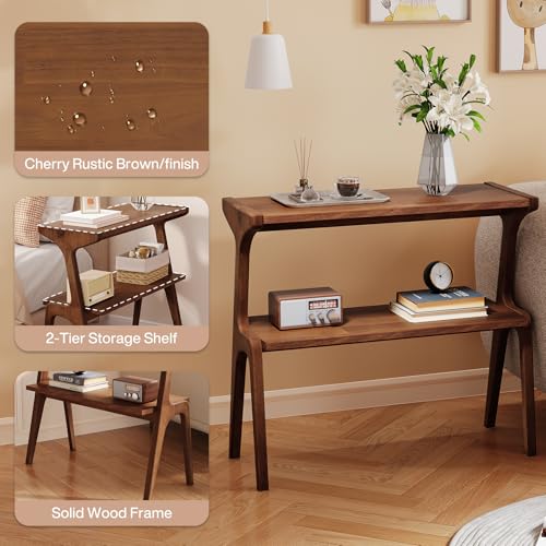 Solid Wood End Table, 2-Tier Side Table with Storage Shelf, Wooden Modern Accent Slim Bedside Table for Sofa, Living Room, Bedroom, Small Space, Easy Assembly, Rustic Brown - color: Rustic Brown