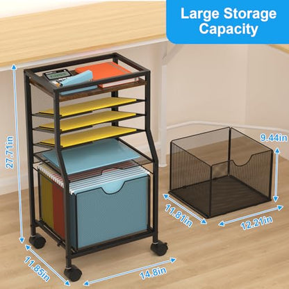 BOHDK Rolling File Cart, 6-Tier Desk File Organizer on Lockable Wheels, Brown Wood Planks & Mesh Sliding Hanging Folder Drawer, Organization Cart for Office Home School - color: Brown