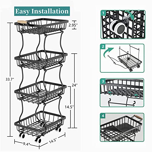 CHLORYARD 4 Tier Slim Fruit Basket for Kitchen, Stackable Metal Wire Fruit Vegetable Storage Baskets Organizer Stand on Wheels, Produce Basket Potato Onion Storage Bins Rack for Pantry. (Black)
