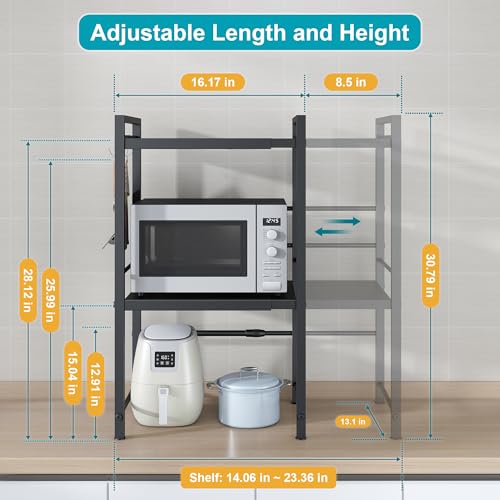 DOLALIKE Microwave Oven Rack, Expandable Microwave Stand Countertop Kitchen Utensils Tableware Storage, Carbon Steel Over Microwave Shelf Countertop with 3 Hooks | Adjustable Microwave Oven Rack Metal Storage Shelf with 3 Hooks for Pans Small Appliances K