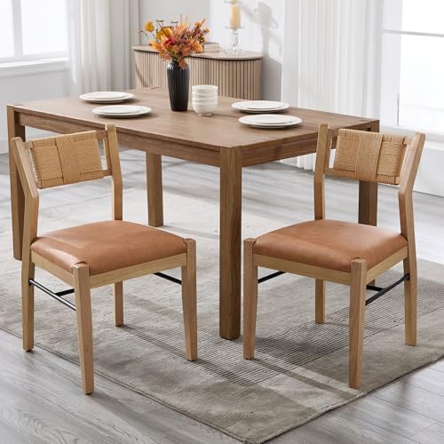 BESTANO Modern Armless Dining Chairs with Rope Woven Back Set of 2, Brown PU Leather Upholstered Kitchen & Dining Room Chairs, Mid-Century Classic Farmhouse Wooden Side Chair - color: Brown, size: 2 Chairs