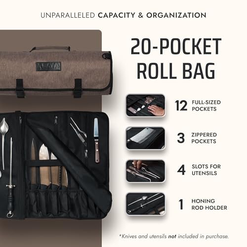 Asaya Waxed Nylon Chef Knife Roll Bag with 20 Slots and Zippered Pockets - Professional Chef Knife Bag & Storage Case, Tool Carrier with Shoulder Strap - Knives Not Included (Brown) - color: Brown