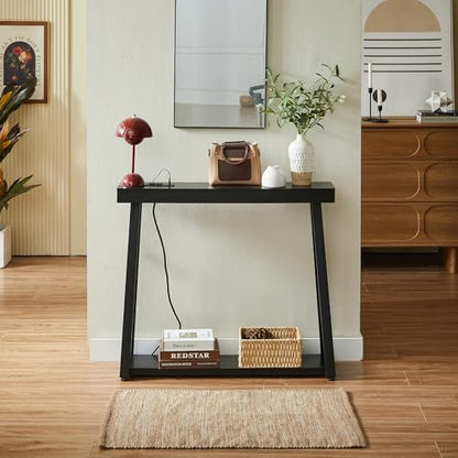 Narrow Small Entryway Table with Charging Station, 36 Inch Thin High Tall Console Sofa Table with Power Outlet and USB&C Port for Entry Hallway, Living Room, Foyer, Thick Metal Frame, Black