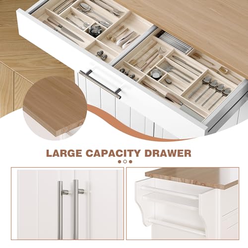 Kitchen Island with Storage, Wooden Countertop Rolling Kitchen Island On Wheels Storage Cabinet, Mobile Kitchen Island Cart with Towel Rack, Spice Rack and Drawers, White - color: White