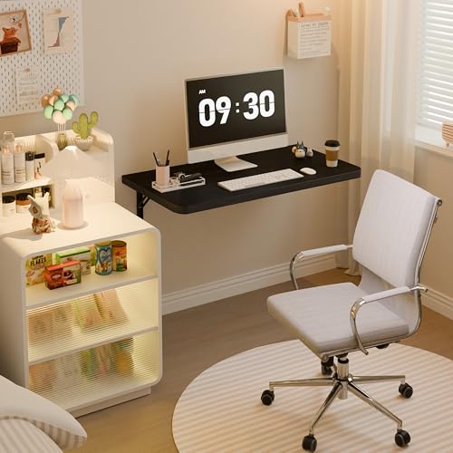 Dogsky 24" x 14" Floating Wall Desk, Fold Down Wall Table - 100 lbs Heavy Duty Solid Pine Wall Mount Folding Desk for Home Office, Laundry Room, Kitchen & Small Apartment, Black - color: Black, size: 24'' x 13.7'' x 6.3''