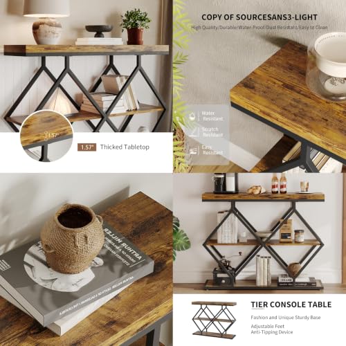 Garvee 3 Tier Console Table,39" Industrial Entryway Table,Open Wood Shelves | Sofa Table,Narrow Wood Accent Tables with Metal Frame for Hallway,Living Room,Behind Couch,Foyer,Entrance,Rustic Brown - color: Rustic Brown + Diamond-shaped