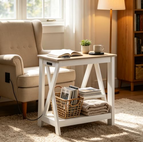 WLIVE Farmhouse End Tables Living Room, Narrow Side Table with Charging Station, Slim End Table, Side Table for Bedroom, Small Spaces, 2 USB and 2 Power Outlets, 11.8" D x 23.6" W x 23.74" H - color: Greige