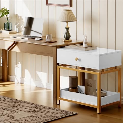 Night Stand Farmhouse Nightstand with Gold Metal Frame, Bedside Table with Drawer and Open Shelf, Sofa Side Table End Table for Bedroom, Living Room,White Yellow, 1 Pack - color: White 22"