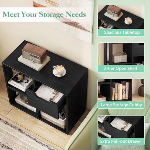 Giantex 3 Cube Bookcase with Drawer Set of 2, 2 Tier Bookshelf for Small Spaces, Modern Freestanding Display Rack with Open Shelves, Book Case, Wood Cube Storage Organizer Bedroom Living Room, Black - color: Black