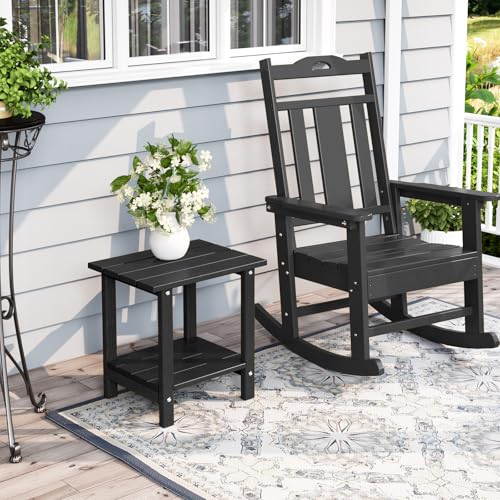Adirondack Outdoor Side Table with Wood-Like Grain, 16.6" Small Patio End Table, 2-Tier HDPE Plastic Table for Poolside Porch Garden, Weather Resistant & Easy Assembly (Black, Rectangle) - color: Black-wood Like, style: Rectangle