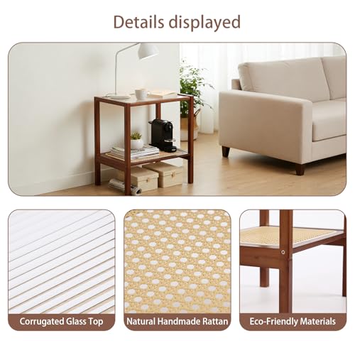 Tiita Rattan Side Table, Mid Century Nightstand, 2-Tier Bamboo Accent Bedside Tables, Glass Coffee Tables, Boho Wooden Narrow End Table with Storage for Small Space, Living Room and Bedroom - color: 2-tier-rattan-brwon