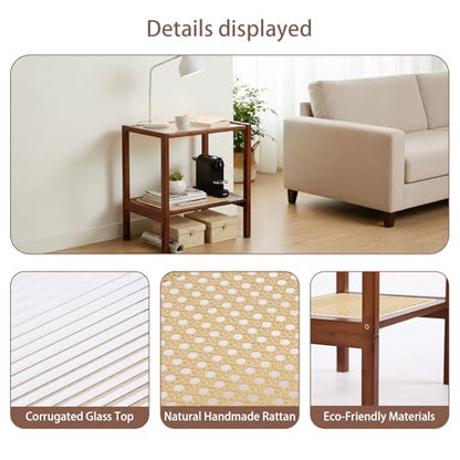 Tiita Rattan Side Table, Mid Century Nightstand, 2-Tier Bamboo Accent Bedside Tables, Glass Coffee Tables, Boho Wooden Narrow End Table with Storage for Small Space, Living Room and Bedroom - color: 2-tier-rattan-brwon