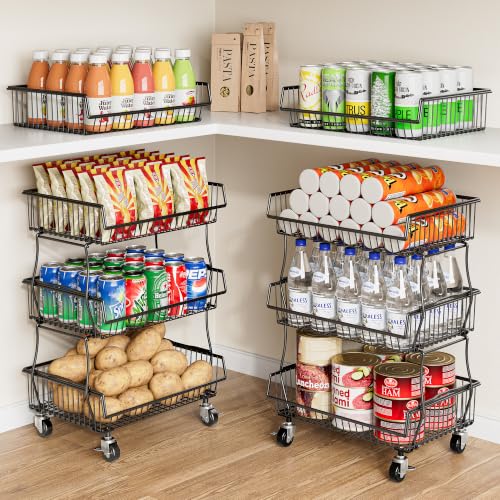 OKZEST Pantry Organizers and Storage Cart with Upgraded Metal Hub Casters | Fits under pantry shelf, Stackable fine-mesh wire baskets, 3-Tier rolling cart holds drink, snack, can, potato, onion, fruit - color: Black, size: 3-Tier Baskets (Upgraded model)
