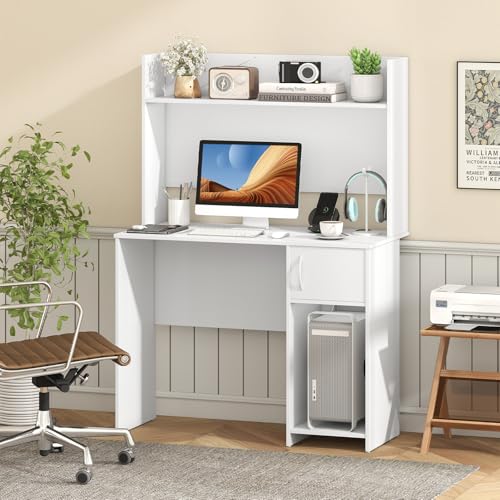 Giantex White Desk with Hutch, Small Computer Desk with Bookshelf & Adjustable Shelf, 2 Cable Holes, Modern Laptop PC Computer Workstation, Study Writing Desk for Small Spaces, Bedroom, Home Office - color: White