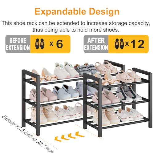 3-Tier Expandable Metal Shoe Rack for Closet & Entryway, Shoe Organizer | Shoe Storage • Adjustable Width • Holds 6–9 Pairs • Heavy-Duty Steel • Space-Saving Design • Tool-free • Easy Assembly - size: 3 Tiers