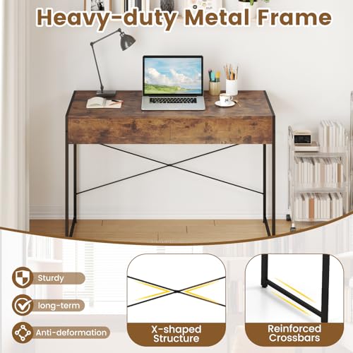Giantex Computer Desk with 2 Drawers, 44 Inch Home Office Desk with Anti-Toppling Device & Metal Frame, Compact Laptop PC Table, Vanity Table, Modern Study Writing Desk for Small Spaces (Rustic Brown) - color: Rustic Brown