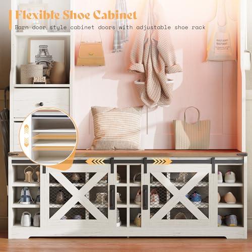 AMERLIFE 75" 7-in-1 Farmhouse Hall Tree with Bench and shoe storage, LED Entryway Bench with Coat Rack, 12 Shoe Cubbies, 2 Drawers, Barn Doors & Adjustable Shelf, Mudroom Hallway Cabinet, Rustic White - color: Rustic White