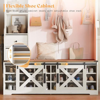 AMERLIFE 75" 7-in-1 Farmhouse Hall Tree with Bench and shoe storage, LED Entryway Bench with Coat Rack, 12 Shoe Cubbies, 2 Drawers, Barn Doors & Adjustable Shelf, Mudroom Hallway Cabinet, Rustic White - color: Rustic White