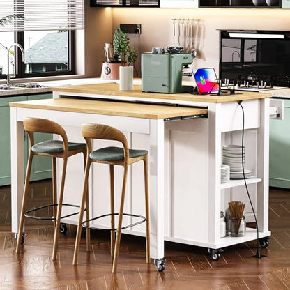 47 Extendable Countertop Coffee Station, Kitchen Storage Cabinets with Power Outlet, Kitchen Island Table with Rubber Wood Veneer for Kitchen use, White - color: White