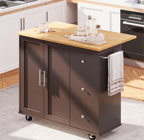 SUNLEI Kitchen Island with Storage Cabinet, Rolling Kitchen Table with Foldable Drop Leaf, Kitchen Island Cart on Wheels with Handle for Towel, Portable Islands for Kitchen (Brown, 39.7-INCH) - size: 39.7 INCH, style: Brown