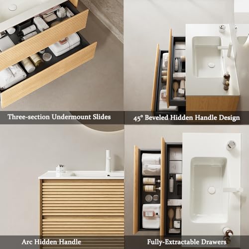 24" Floating Bathroom Vanity with Sink, Wall Mounted Modern Bathroom Cabinet with 2 Soft Close Drawers, Oak & Plywood, Pre-Assembled with Integrated Ceramic Basin – Sedona, Light Oak - color: Light Oak, size: 24 Inch