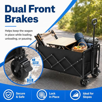 Wagons Carts Foldable, 500 lb 220L Collapsible Wagon with Brakes | Folding Wagon Cart with brakes, compact folding design and large storage for camping, groceries, sports and outdoor hauling - size: 500LB