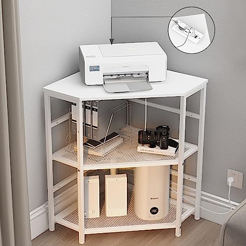 VEDECASA Corner Printer Stand Table with Power Outlet Charging Plugs USB Port Adjustable Storage Shelf Computer Tower CPU Stand Holder for Home Office (White) - color: White