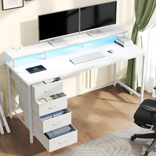 DUMOS 40-Inch Gaming Desk with Power Outlets and LED Lights, White | Computer Desk with 4 Storage Drawers, Home Office Desk with Monitor Stand, Small Desk for Bedroom Study - size: 40-In