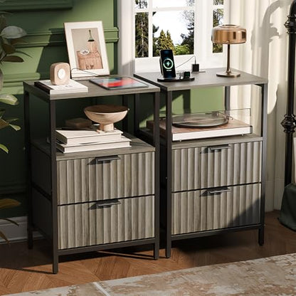 VINGLI Night Stand Set 2 with Charging Station and Fabric Drawers, Fluted Grey Night Stand Set of 2, Gray Nightstand with Drawers, Grey Bedside Tables/End Tables for Bedroom, 14.96"W*11.81"D*23.78"H - color: Grey, size: 15"W-2 Drawer 1 Shelf