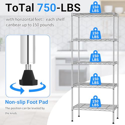 BLKMTY 5 Tier Wire Shelving, Narrow Storage Metal Shelf, Standing Shelf Units, Adjustable Garage Shelving, 750 lbs Capacity, Commercial Shelves, 11.6" D x 21.5" W x 47.6" H, Chrome - color: Chrome, size: 5 Tire: 11.6" D x 21.5" W x 47.6" H