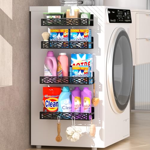 Magnetic Washing Machine Side Storage Rack Shelves 4-Pack, Heavy Duty Metal Narrow Shelf with Hooks, Slim Laundry Room Organizer for Washer Dryer Gap, Space Saving Magnetic Storage for Laundry Kitchen